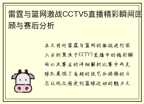 雷霆与篮网激战CCTV5直播精彩瞬间回顾与赛后分析